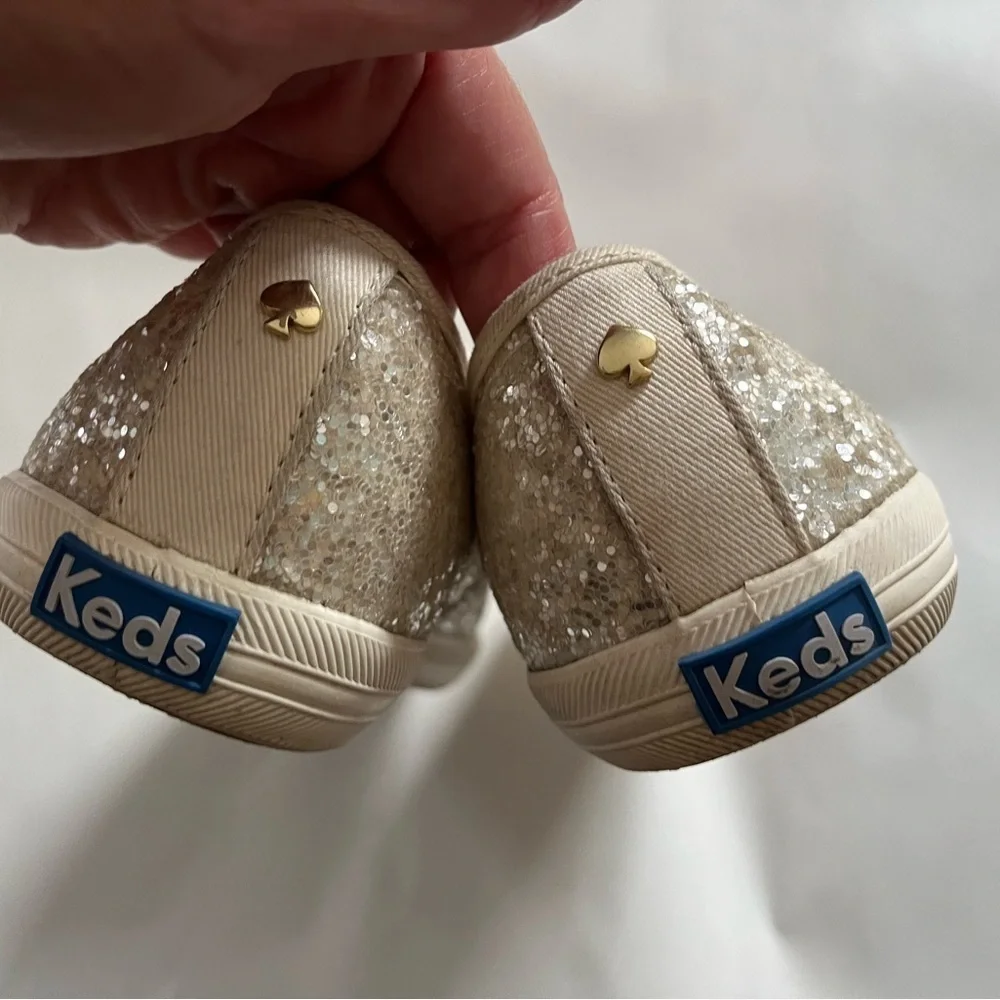 Kate Spade Keds Blinged Out Cream Glitter Canvas Sneakers Fun Ribbon Lac…